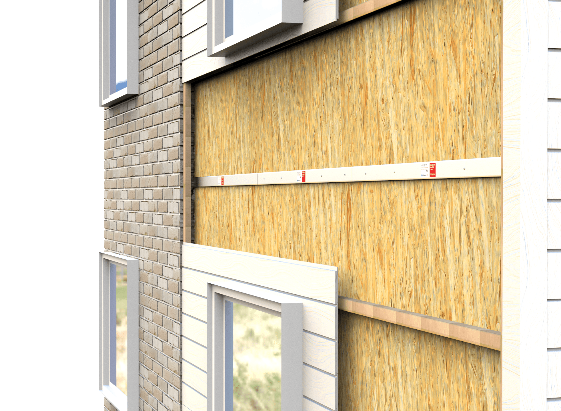 A cutaway view of a building wall showing layers of brick, insulation, and siding around windows.