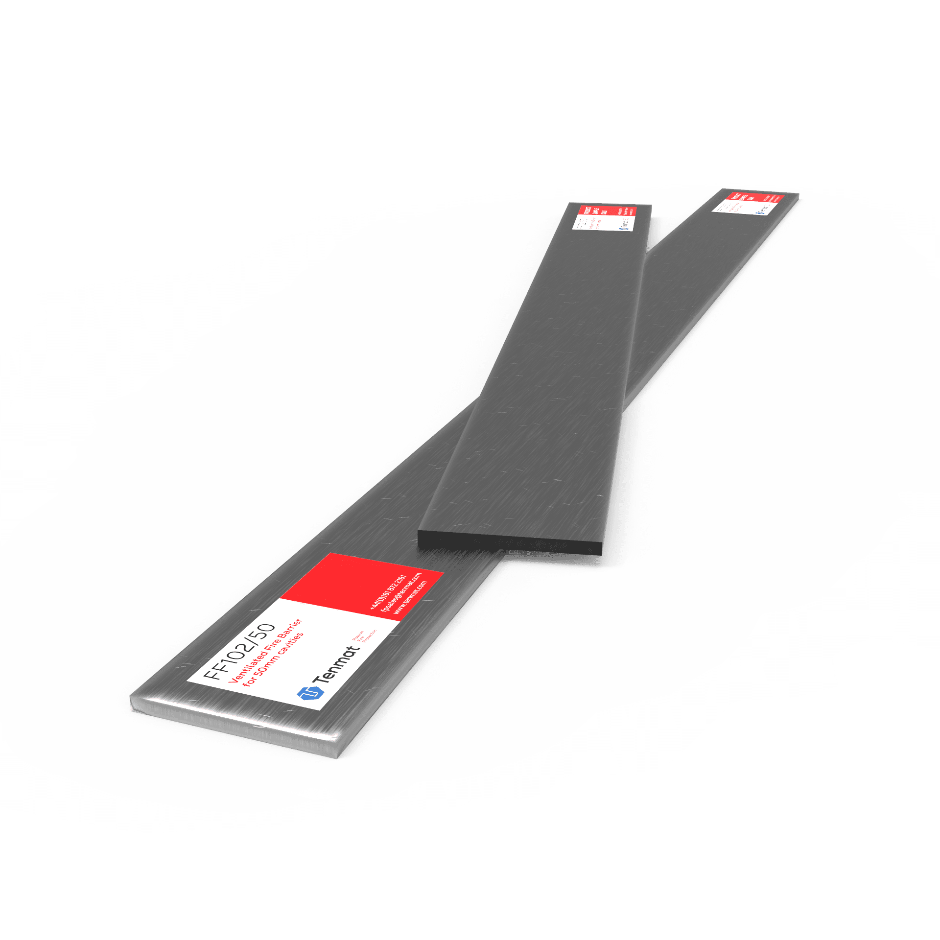 Two flat, rectangular metal bars with red and white labels on each end, crossed over each other.