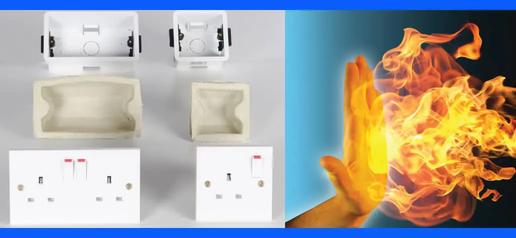 Electrical outlet safety materials and boxes next to a hand stopping a burst of fire.