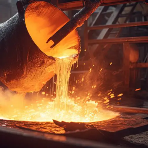 Molten metal pouring from a large industrial crucible into a mold in a foundry, glowing orange.