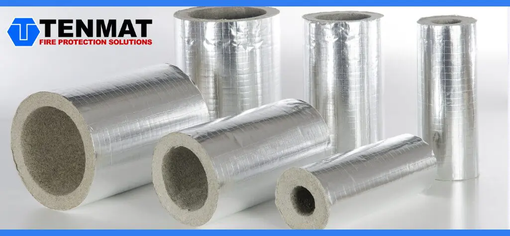 Six silver, foil-wrapped pipe insulation sleeves are displayed with the Tenmat Fire Protection Solutions logo above.
