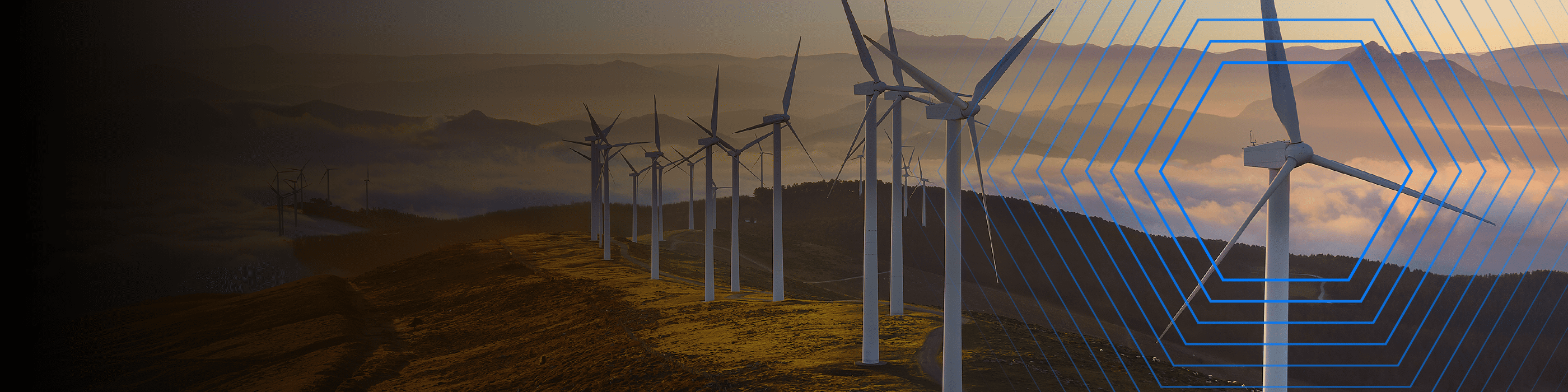 Wind turbines on a hilly landscape at sunset with blue geometric lines overlaying part of the image.