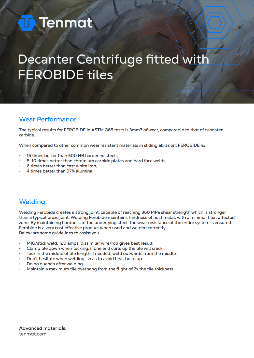 A Tenmat flyer detailing the benefits and features of FEROBIDE tiles for decanter centrifuges.