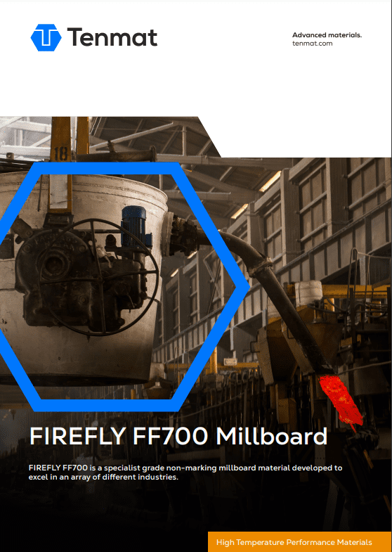 Large industrial machine in a factory with text: FIREFLY FF700 Millboard and Tenmat branding.