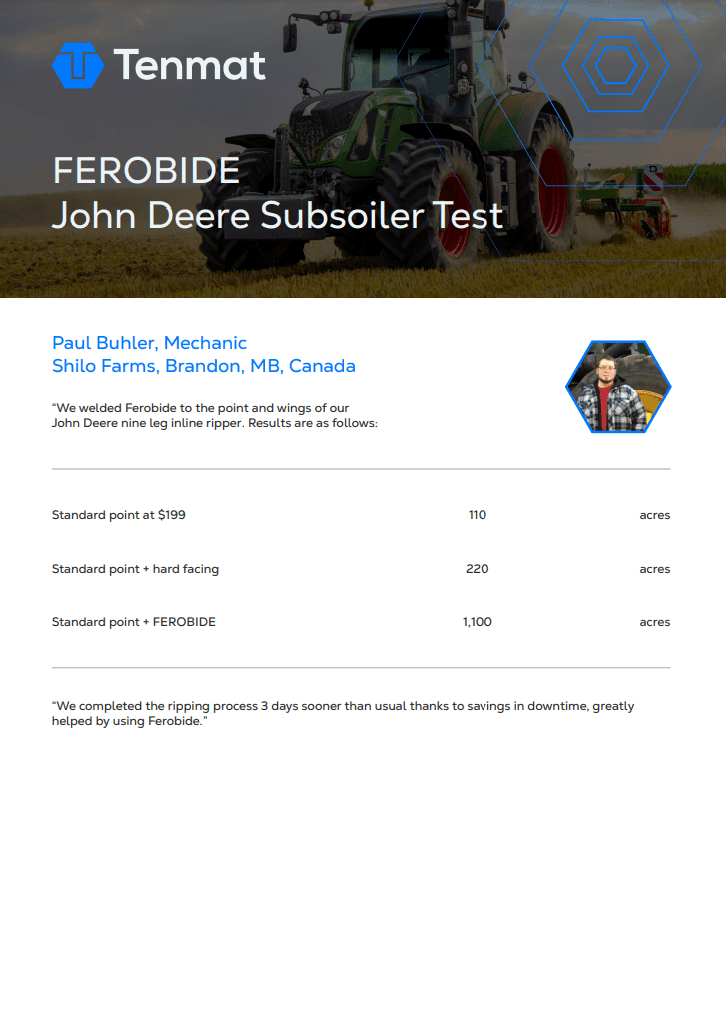 A farmer on a John Deere tractor in a field, with a testimonial about using Ferobide on a subsoiler.