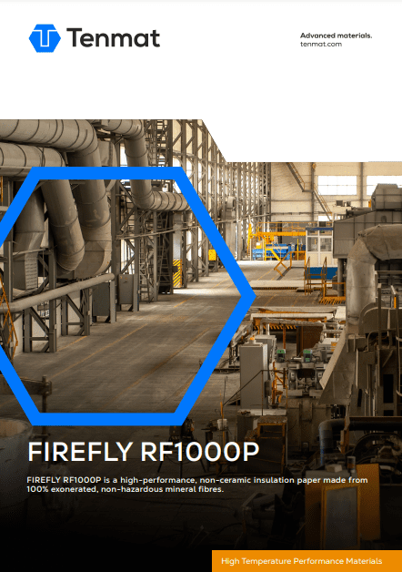 Large industrial facility with pipes and machinery; Tenmat FIREFLY RF1000P insulation product is featured.