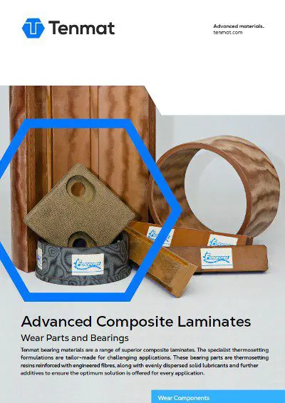 Cylindrical and rectangular composite laminate parts with Tenmat labels displayed on a white background.