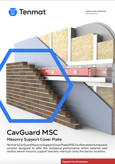 A cutaway diagram shows a masonry wall with fire protection plates and internal structural layers labeled CavGuard MSC.