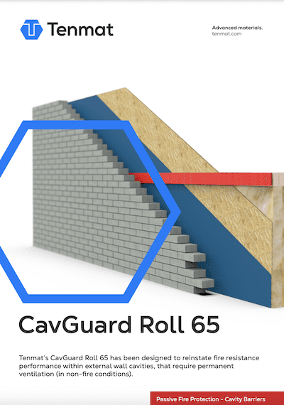 Illustration of a wall cross-section showing CavGuard Roll 65 cavity barrier with Tenmat branding.