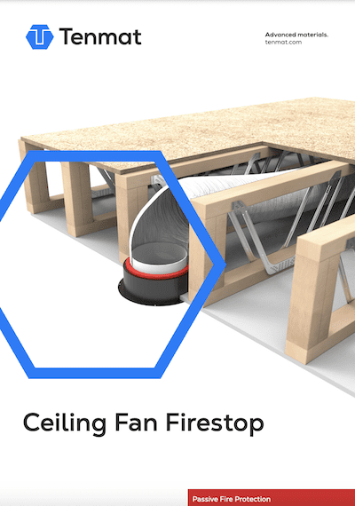 Illustration of a ceiling fan firestop installed between wooden floor joists and ductwork.