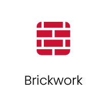 Red brick wall icon above the word Brickwork on a plain background.