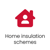 Red house icon with a person inside, above the text Home insulation schemes on a green background.