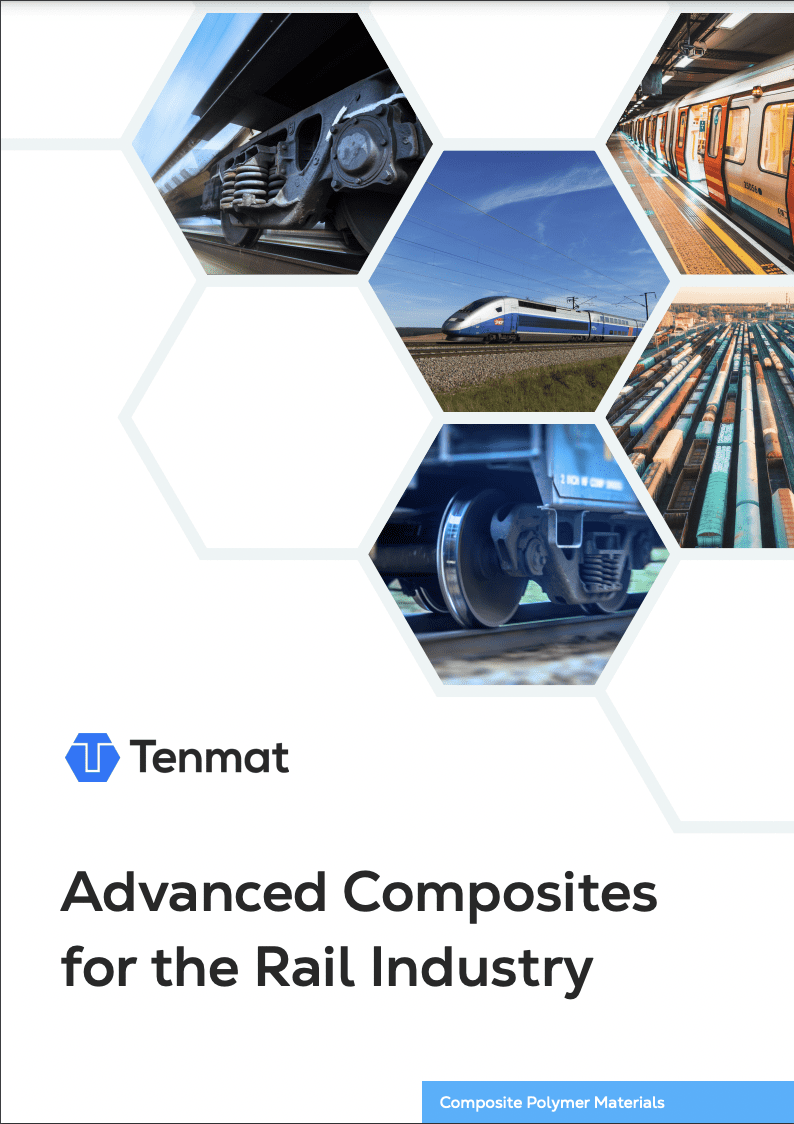 Hexagonal collage of trains, tracks, and rail equipment with Advanced Composites for the Rail Industry text.