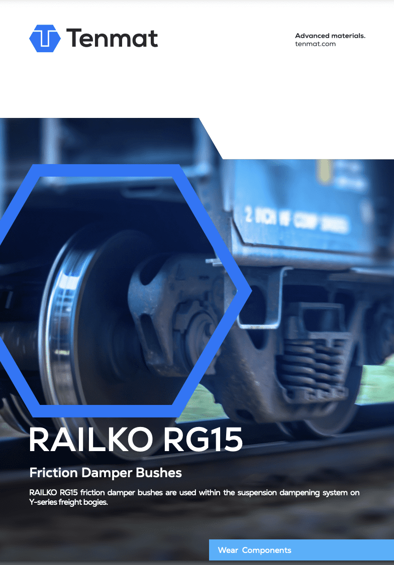 Close-up of a train wheel and suspension system, with Tenmat branding and product details for Railko RG15 bush.