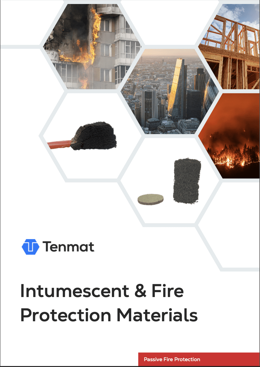 Hexagonal collage of fires, buildings, and construction with Intumescent & Fire Protection Materials text.