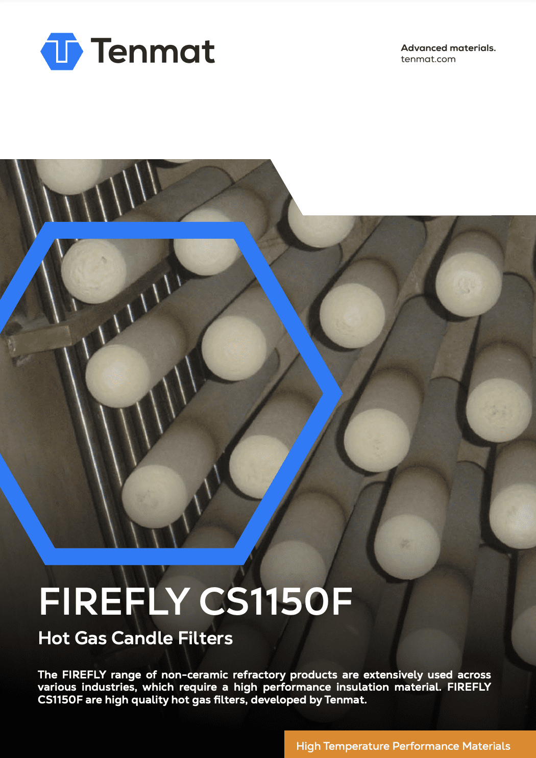 Ceramic hot gas candle filters stacked together, with Tenmat branding and product information displayed.