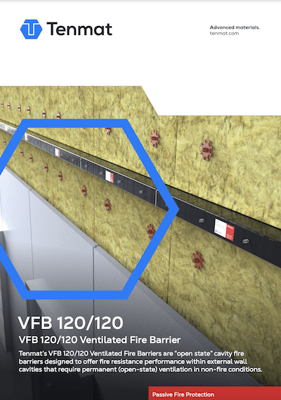 Fire barrier installed in a wall with insulation panels, Tenmat logo at the top, and product details below.