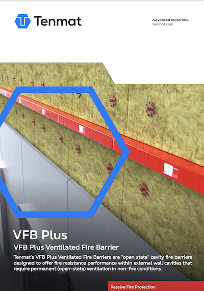 Close-up of insulated wall with a red VFB Plus Ventilated Fire Barrier installed horizontally.