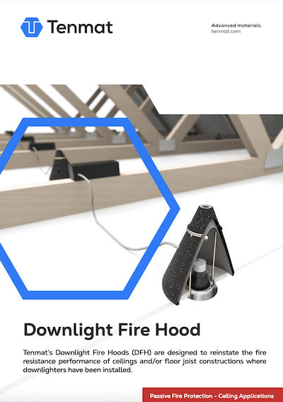 A downlight fire hood installed on a ceiling joist, with Tenmat branding and product description text.