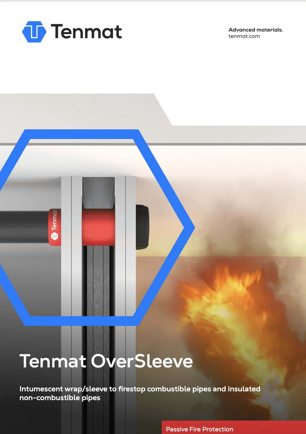 A pipe with a Tenmat OverSleeve firestop wrap blocks fire from spreading through a wall.