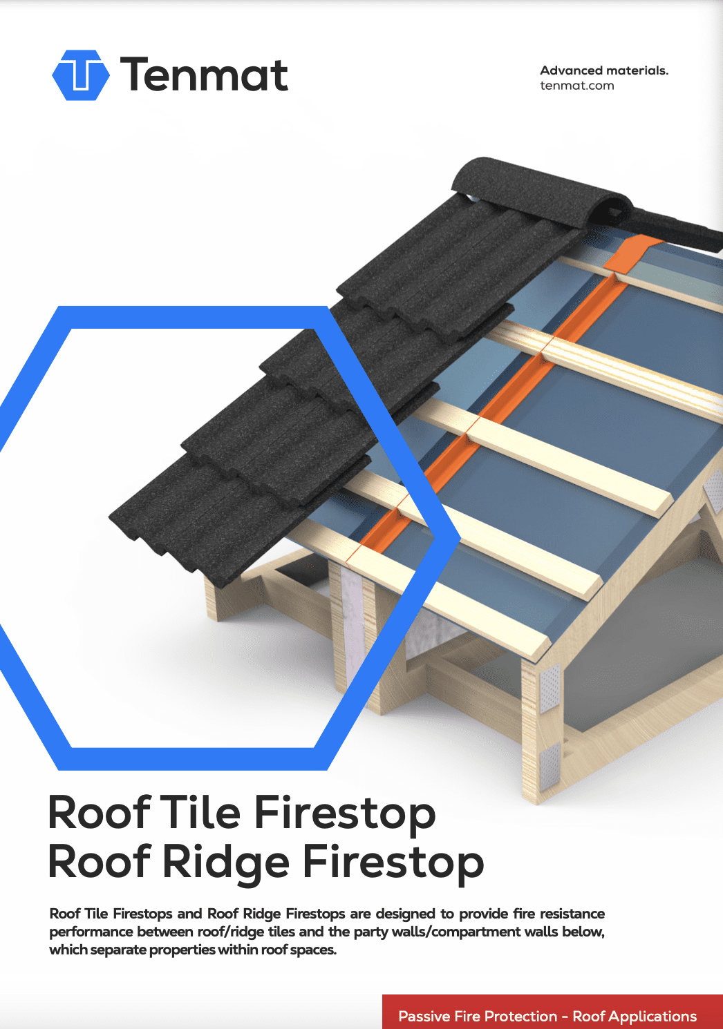 A model roof displays firestop products between roof tiles, battens, and insulation on timber rafters.