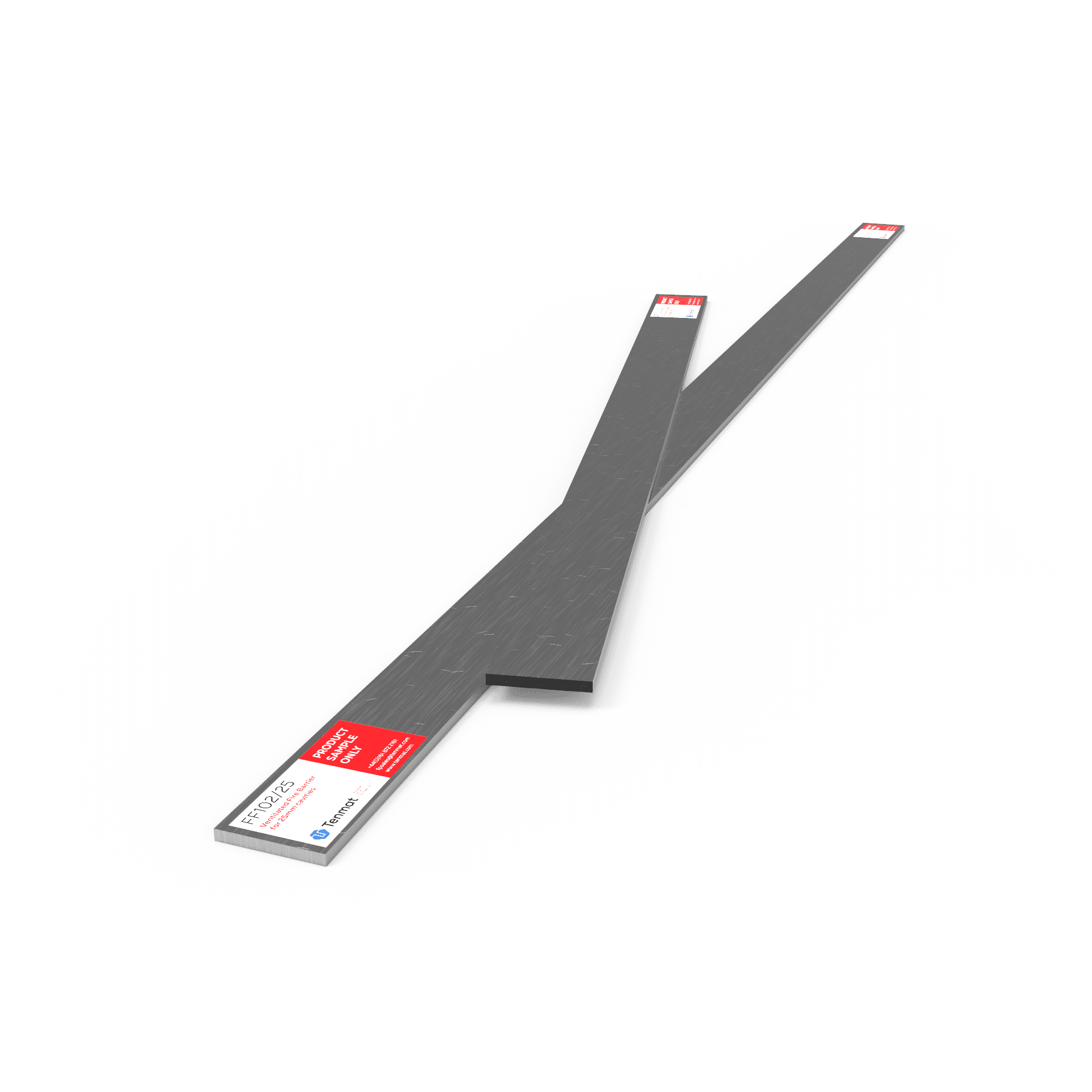 Two long, flat, black metal bars with red and white labels, arranged in an overlapping V shape.