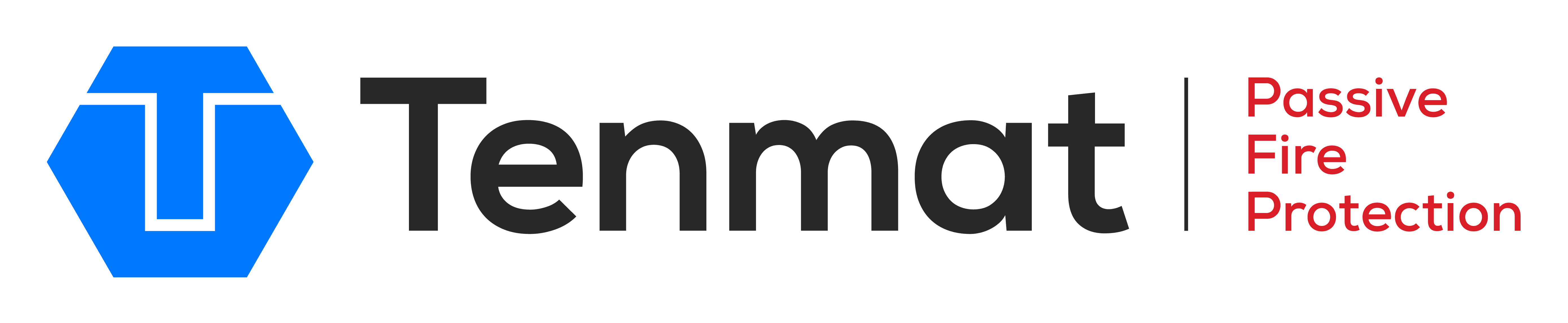 Tenmat logo with a blue hexagon and Passive Fire Protection written in red on the right.