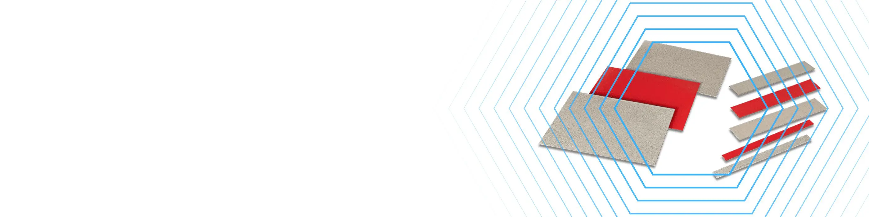 Geometric shapes with red and gray rectangles overlaid on blue hexagonal lines on a white background.