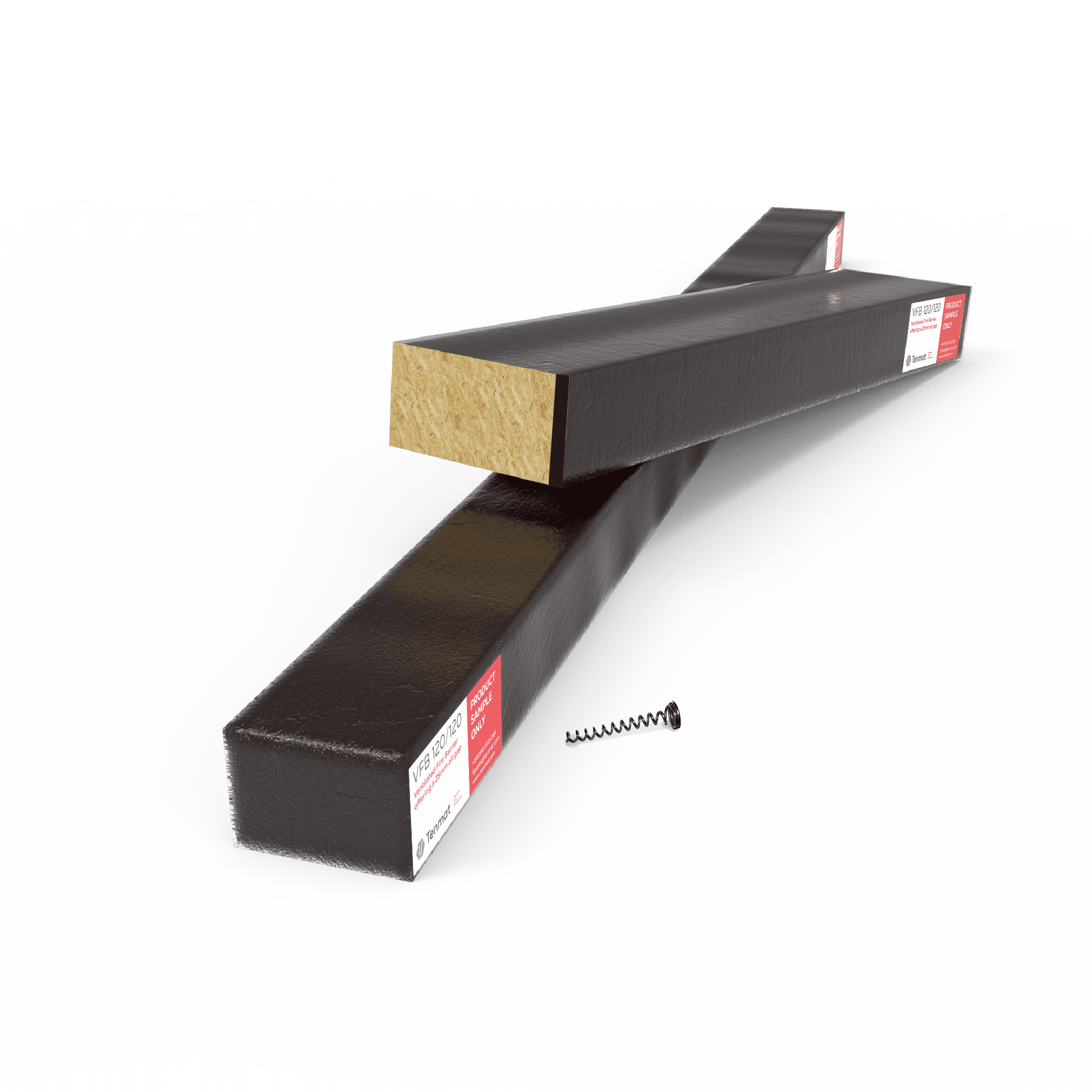 Two black rectangular beams with red labels and a black screw on a white surface.
