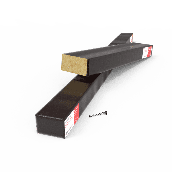 Two rectangular black beams with labels and a single black screw placed in front of them on a white background.
