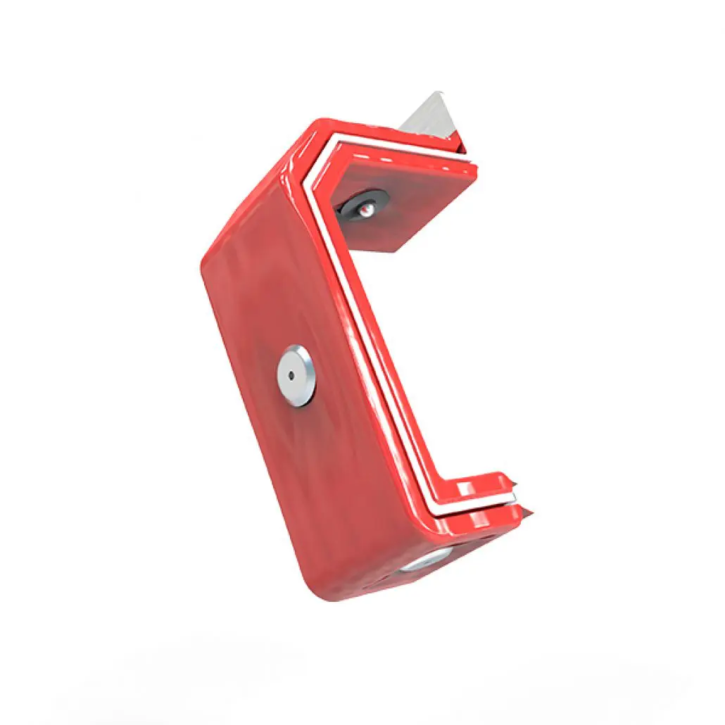 Red, C-shaped magnetic tool with a metal blade on one end, floating against a white background.