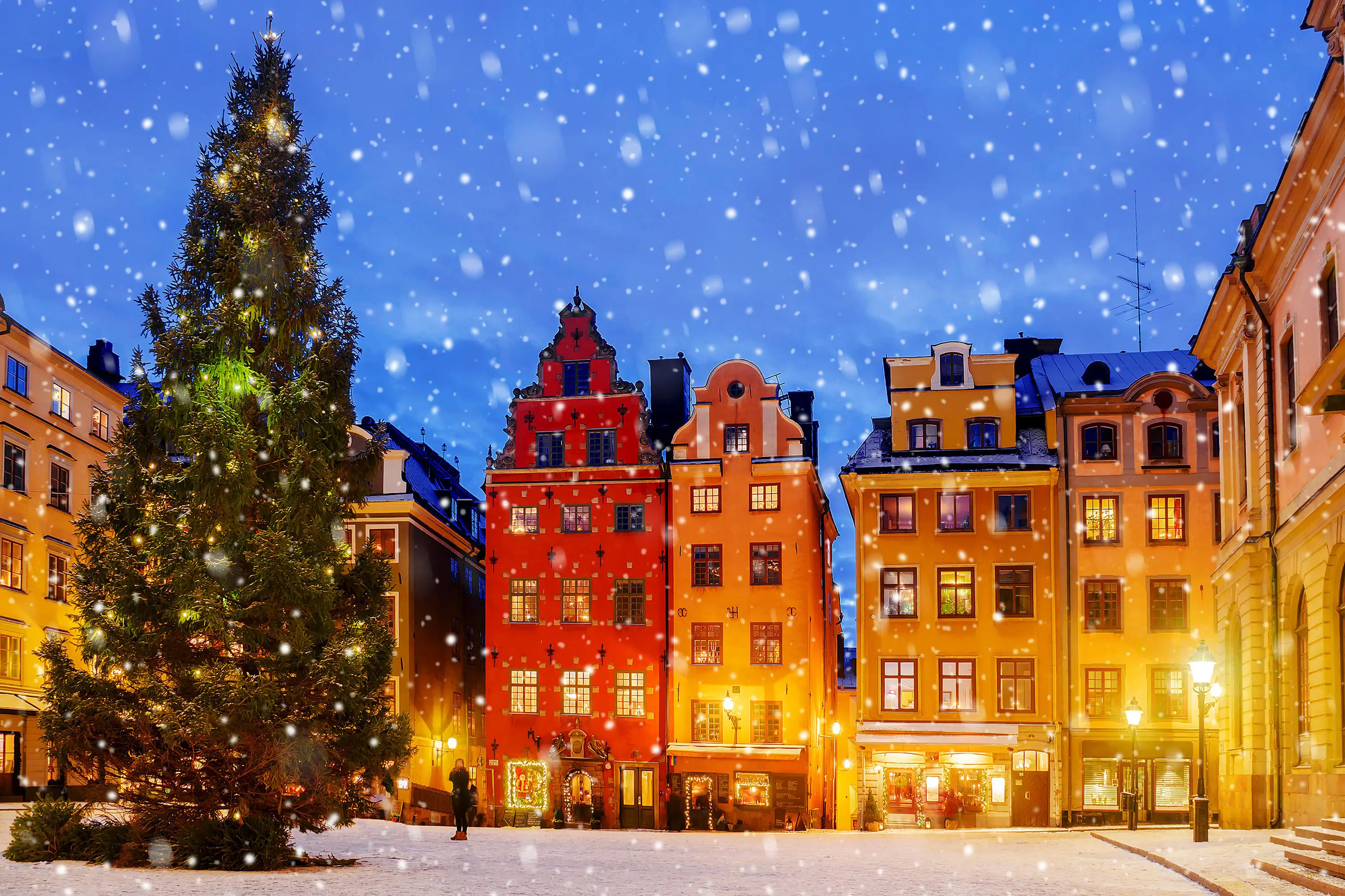 Snow falls on a decorated Christmas tree and colorful buildings in a festive town square at dusk.