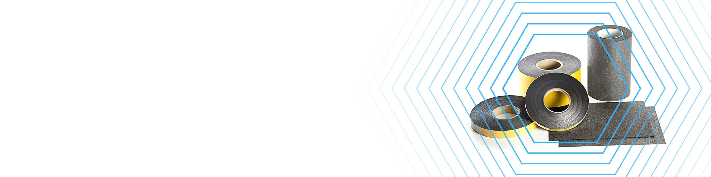 Four rolls and two sheets of black adhesive tape on a white background with blue hexagonal lines.