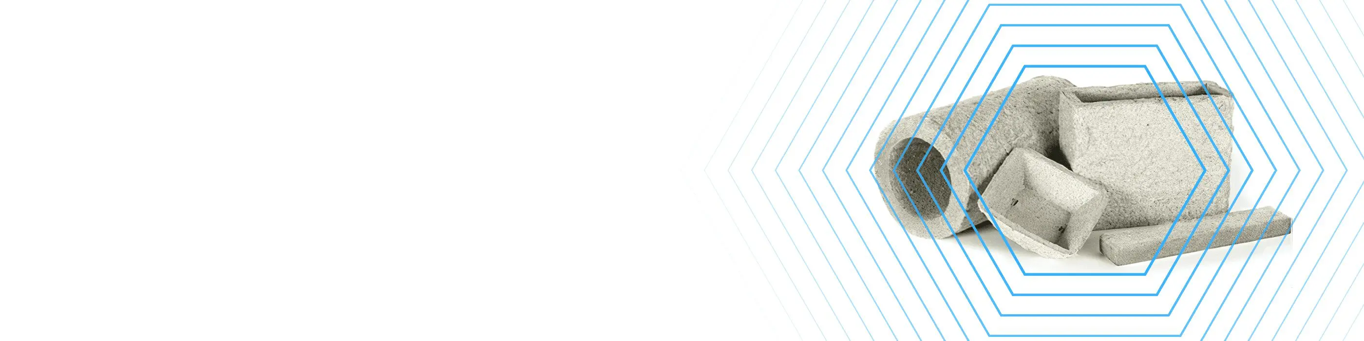 Gray packaging materials arranged on the right side, surrounded by blue hexagonal lines on a white background.