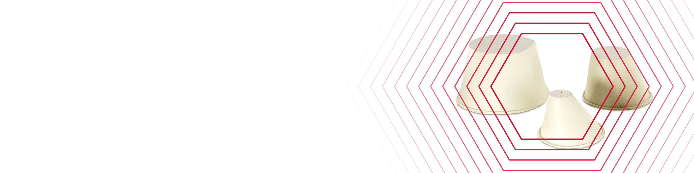 Three beige disposable cups with red hexagonal lines overlapping on a white background.