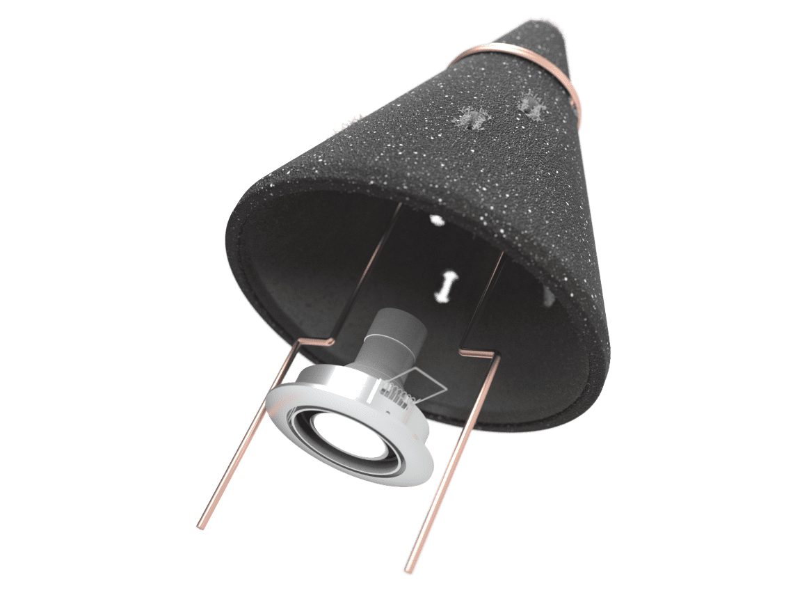 A conical black object with metal rods and a circular component at the base, viewed from below.
