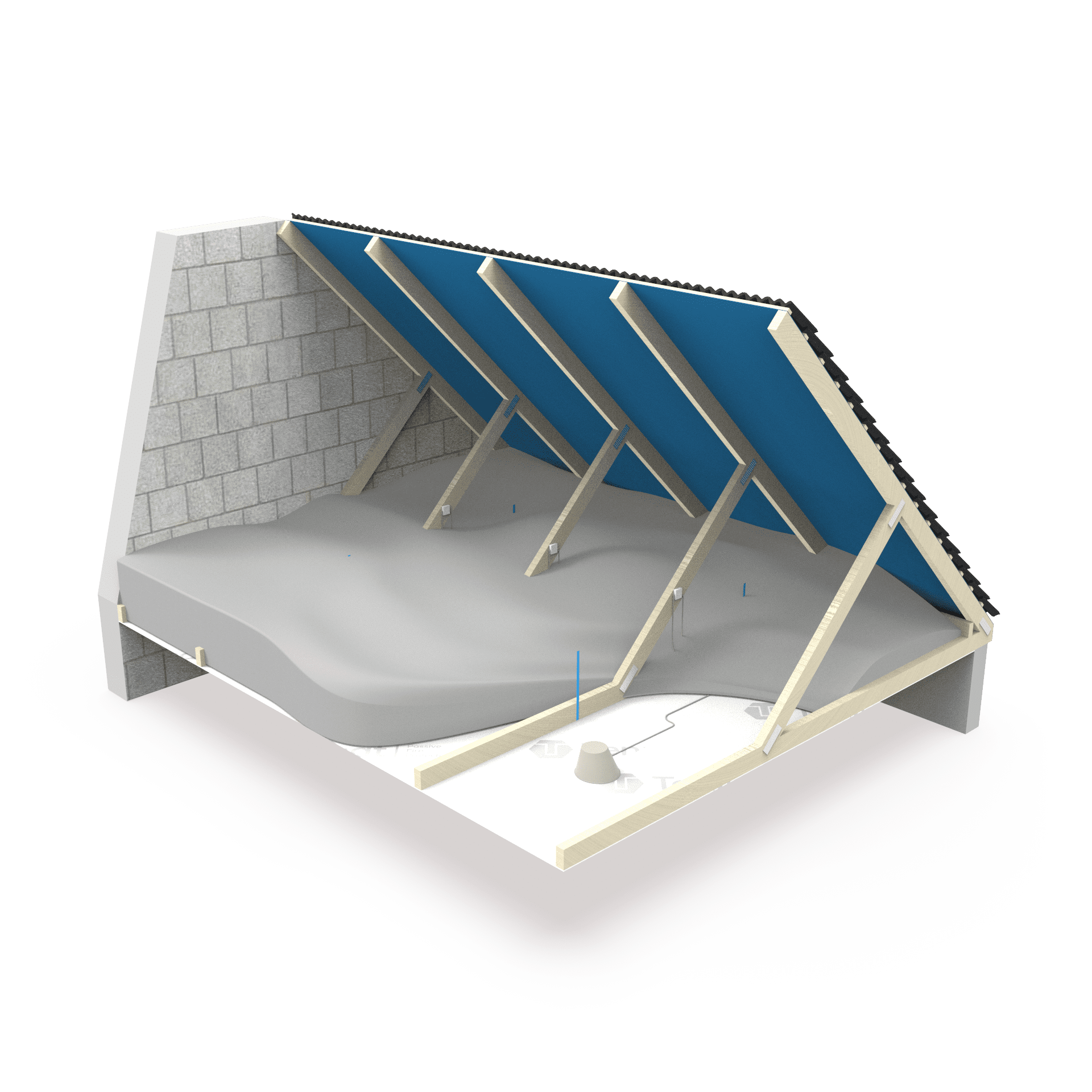 Cross-section of an insulated attic space with sloped roof beams and blue panels under the roof.