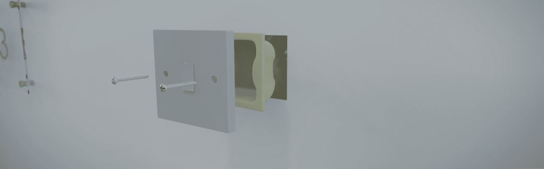 Animated image of a light switch plate and screws being assembled onto a wall with visible wiring.