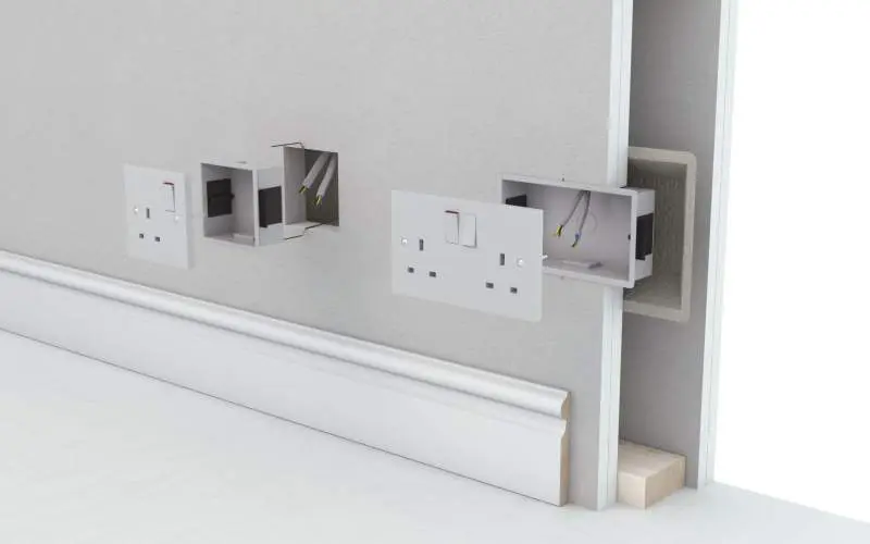 Three electrical wall sockets with exposed wiring, partially installed on a plain white wall.
