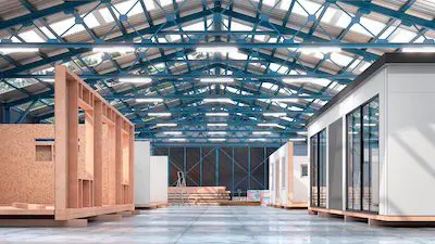 Factory interior with partially constructed modular homes under a blue steel roof and large windows.