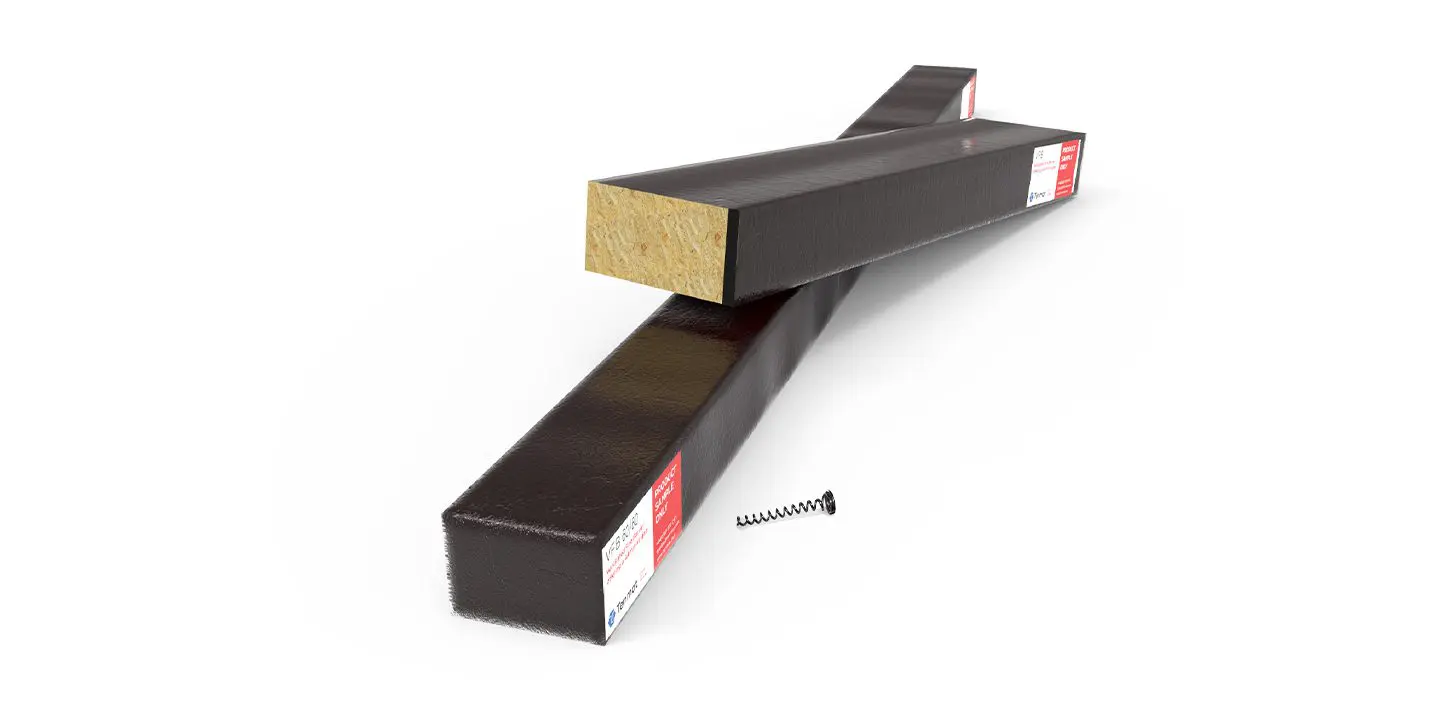 Two rectangular black wooden beams with labels, and a single screw placed on a white background.