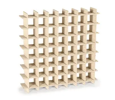 A wooden grid-style wine rack with multiple square compartments on a white background.