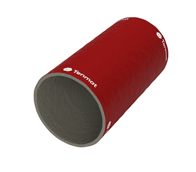 Red cylindrical pipe sleeve with “Tenmat” branding, hollow interior, angled to the right on a white background.
