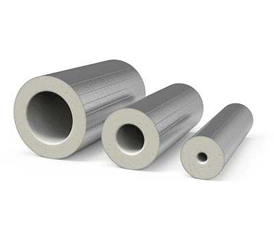 Three hollow cylindrical metal pipes of varying diameters are arranged side by side on a white background.