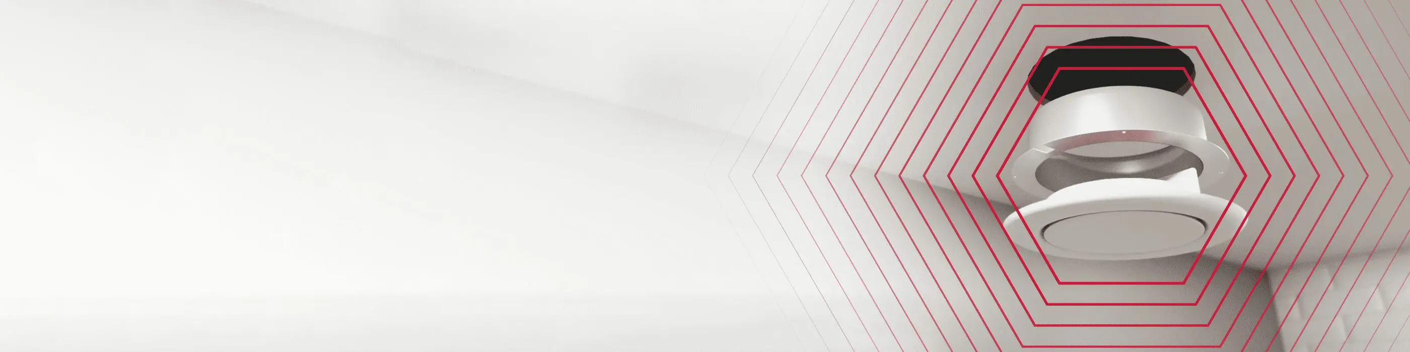 A ceiling-mounted smoke detector with red hexagonal lines radiating outward on a white background.