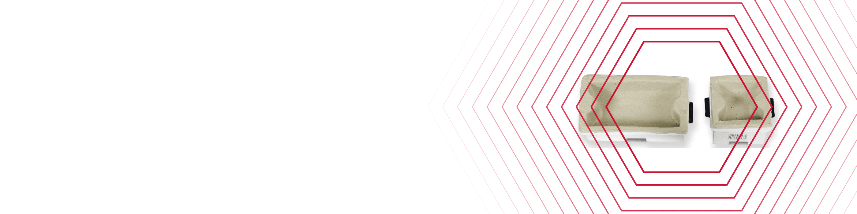 Two beige objects with a white base, partially framed by red geometric hexagonal outlines on a white background.