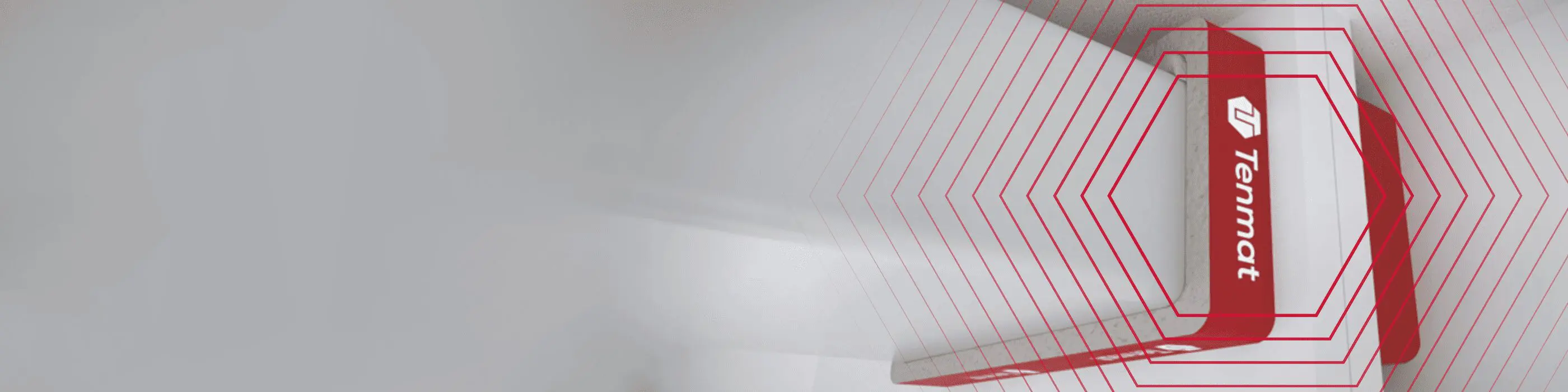 Red and white Tenmat box with geometric red lines on a light gray background.
