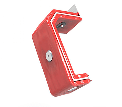 Red pencil sharpener with a metal blade, isolated on a white background.