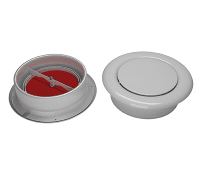 Two round, white air vents; one open showing a red interior and blade, the other closed.