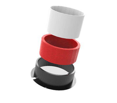 Three cylindrical rings (white, red, and black) stacked in an exploded view on a white background.
